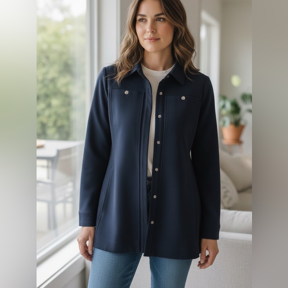 J Jill Jacket Womens SZ S Wearever Double Face Jersey Flap Pocket Navy Blue
